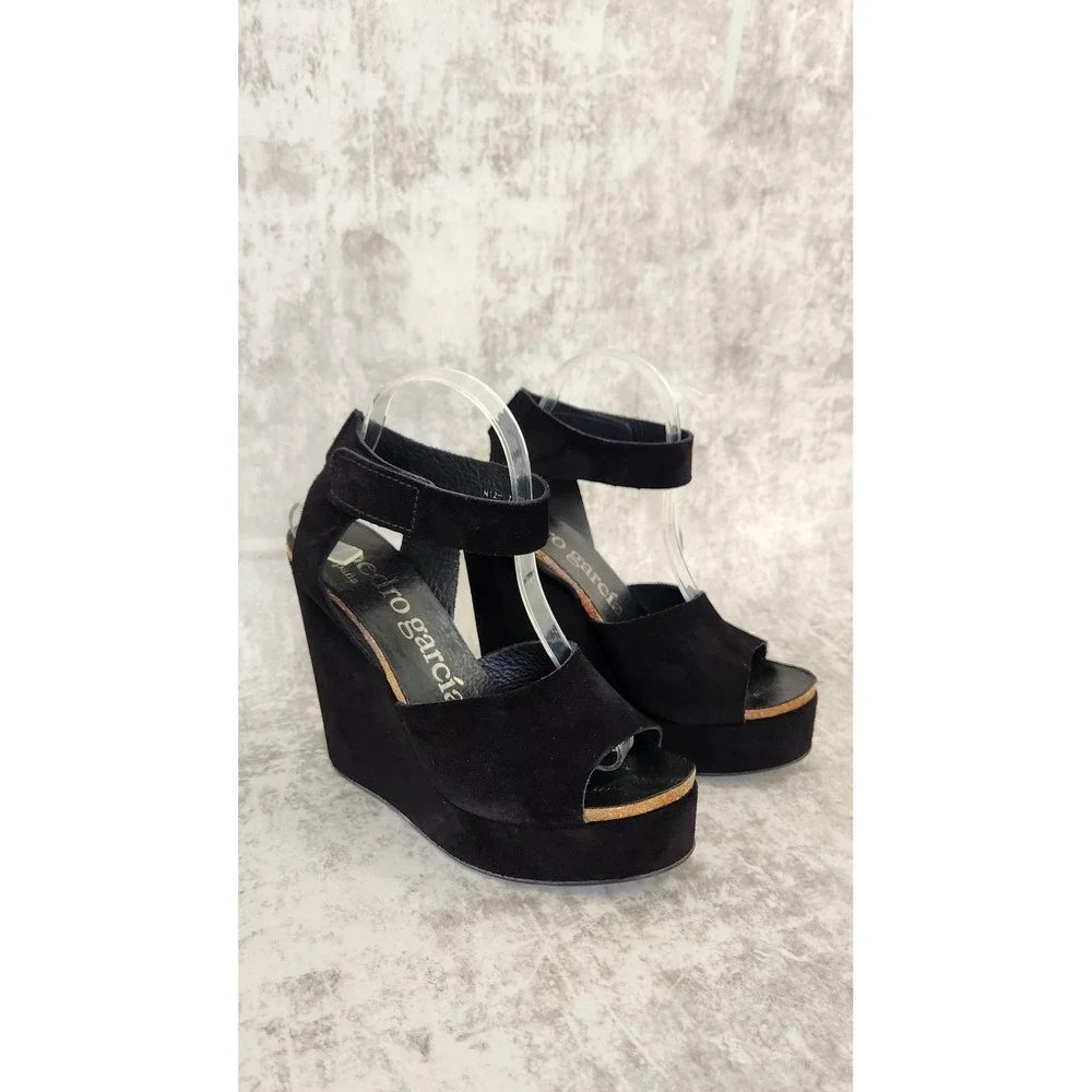 Pedro Garcia Wedge Sandals Womens 40 Black Suede Platform Peep Toe Spain Luxury